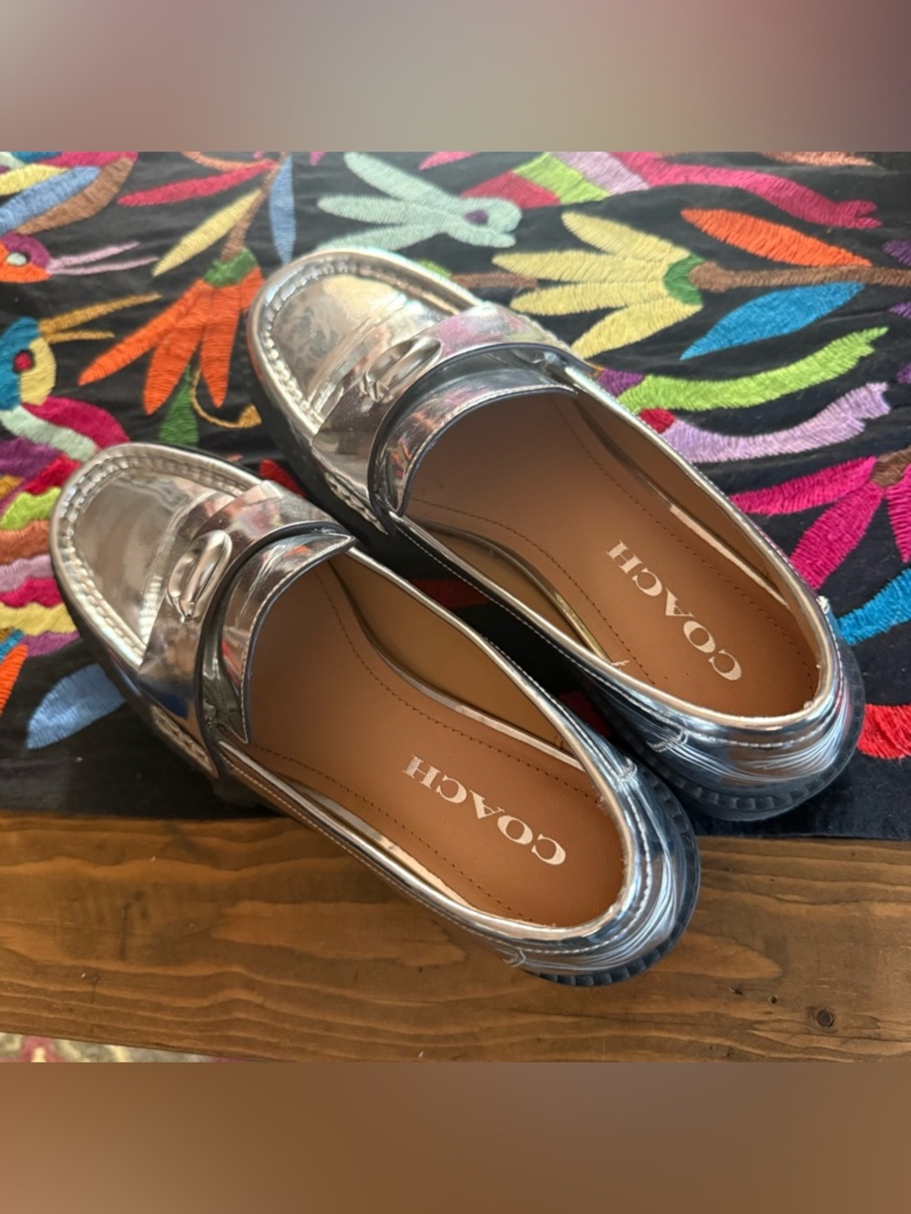Coach Metallic Silver Women’s platform Penny Loafers - Picture 2 of 8